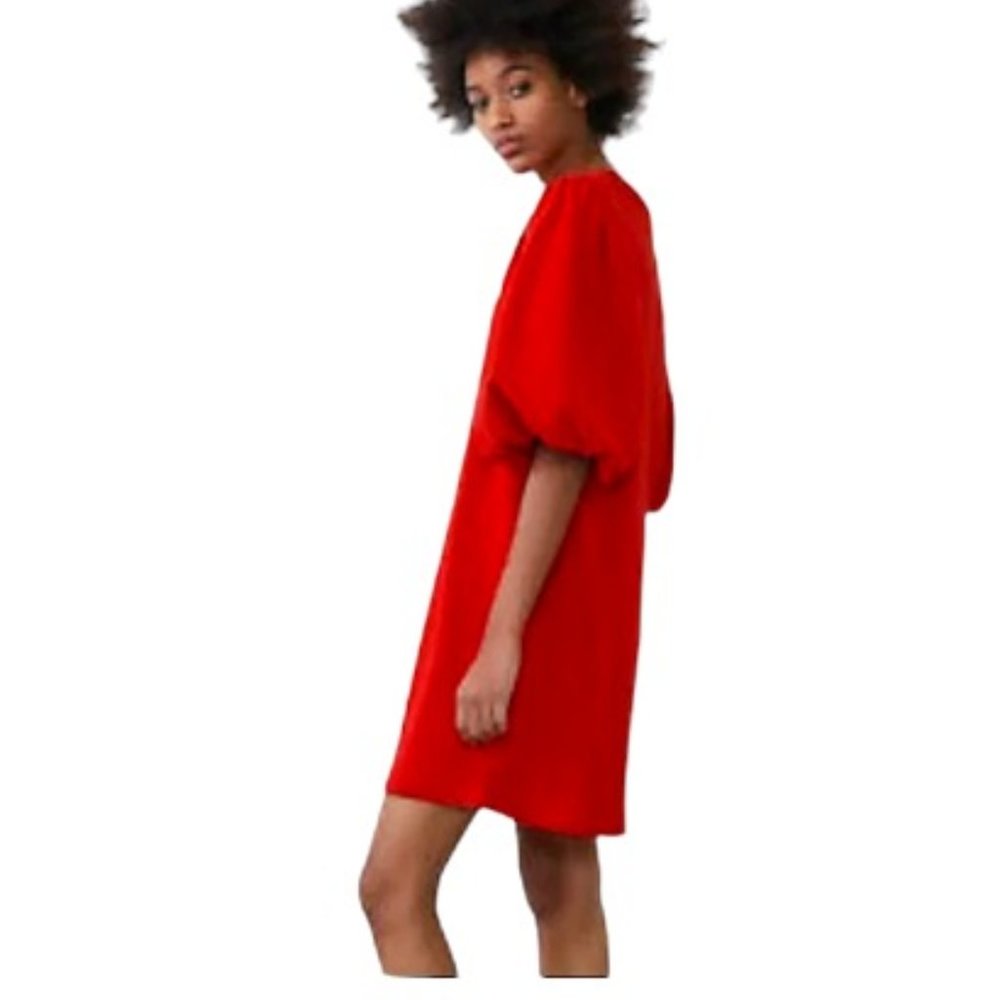 New Zara Red Cotton Short Dress Balloon Sleeves - Picture 3 of 7